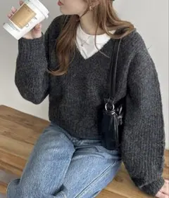 新品☆ディスコート☆メランジヤーンVネックプルオーバー☆ブラック