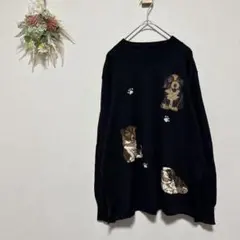 美品 アルトモーダ 【F】 犬刺繍 長袖ニットセーター ウール100% ブラック