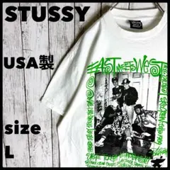 【USA製 L】ステューシー Tシャツ 白 緑 フォト stussy 両面