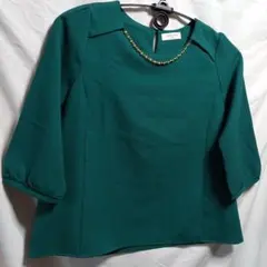 【美品】OFUON オフオン 七分袖 ブラウス グリーン ビジュー付き L