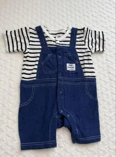 【未使用に近い】サロペット風 ストライプ半袖ロンパース 60-70 綿100%