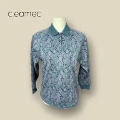 1228 【c.eamec】　レトロ　ポロシャツ　長袖　総柄　ブルー系　紫系のサムネイル