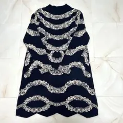 レトロ総柄ニットチュニック ネイビー M モード vintage