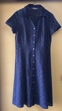 Laura Ashley シャツワンピース ベルト紐付　ローラアシュレイ　紺