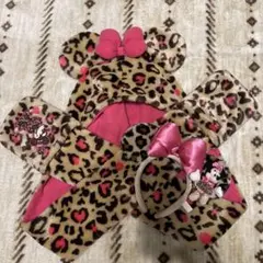ミニーマウス ヒョウ柄マフラーキャップとカチューシャセット
