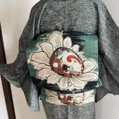 大人のアンティーク 深碧に大きなモノトーン向日葵 双巴の花芯 正絹九寸名古屋帯