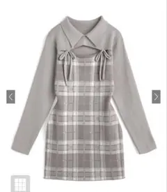 チェック柄フロントオープンリボンニットミニワンピース[ru1373]