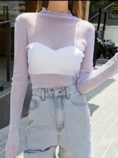 DAZYレタストリム モックネック メッシュ トップス　2点セット