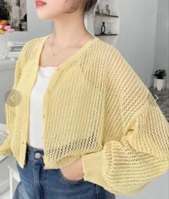 カーディガン レースストライプメッシュ透かし編みVネックニットカーディガン