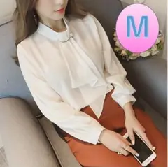 ブローチ付きボウタイブラウス M 白シャツ パール レディースフォーマル 通勤