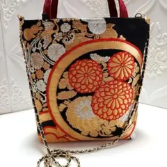 袋帯リメイクバック アンティーク黒に金糸「丸菊」模様　2WAYバック