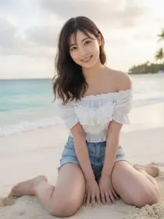 【現品限り！】【AI作成写真L判サイズ】 KAWAII波打ち際ホットパンツ