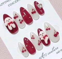 現品ネイルチップ୨୧プードル×リボン୨୧赤♡量産型スナ系⟡.韓国♡さくらんぼ春