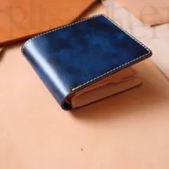 UKブライドルレザー バーミンガム ハーフウォレット 二つ折り 青/生成