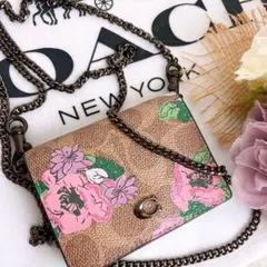 極美品☆COACHコーチ 2way チェーンお財布ショルダーバッグ ブラウン花柄