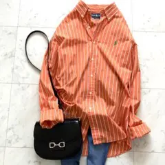 美品 ラルフローレン 長袖シャツ ホースロゴ刺繍 ストライプ オレンジ メンズ