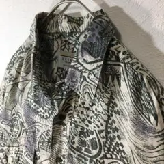 【個性派古着】長袖総柄デザインシャツ　シルク製　和柄　和風　魚　アイボリー　L