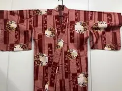 浴衣 単品 赤系 縞模様 花柄