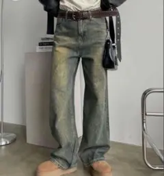 SHAGGIE オーロララインストーン付きヴィンテージルーズデニムパンツ　ブルー