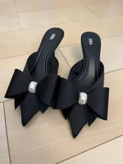 ZARA ブラック リボン ミュール ヒール