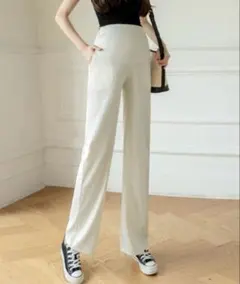 マタニティパンツプリーツワイドパンツ美脚