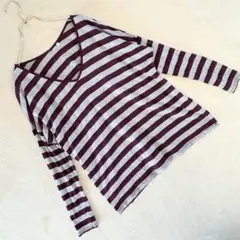 無印良品 綿100% Vネック ボーダー 長袖カットソー ワインレッド×グレーS