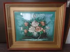 油彩画 花の静物画 額装 厚塗り インパスト 手描き サイン有