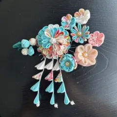 UB02-つまみ細工の髪飾り-Uピン下がり付-⑥あお 卒業式　七五三　成人式