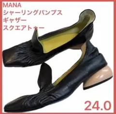 MANA　シャーリング パンプス　38　ギャザー　スクエアトゥ　黒　人気のサムネイル