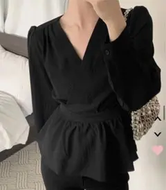 カシュクールブラウス　ブラック　HOTPING 長袖　韓国　ラップブラウス