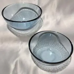 昭和レトロ　ブルー　グレー　ガラスボウル　2個　吹きガラス？　再生ガラス？