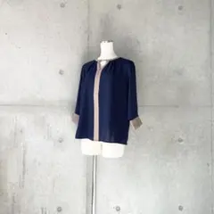美品一度着用トーナルTONAL七分袖バイカラーキーネックブラウスネイビー38