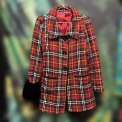 レトロヴィンテージ 英国トラッド風 チェック柄コート フェイクファー付 赤 S