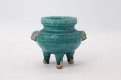 時代物】中国古美術 龍泉窯系 青磁鬼面三足陽刻 香炉 瓶掛 茶道具 唐物