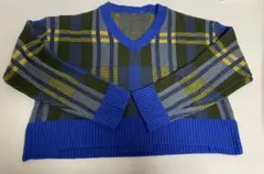 チェック柄 Vネック ニット セーター ショート丈 青