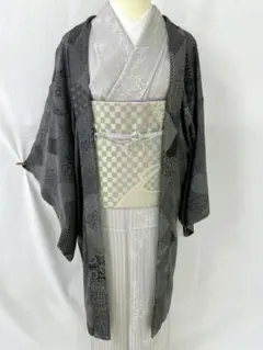 新品未使用 正絹単衣 江戸小紋寄せ柄 長羽織 モノトーン