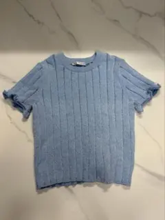 【新木優子谷まりあ着用】ZARA 半袖リブニットTシャツライトブルー Mのサムネイル