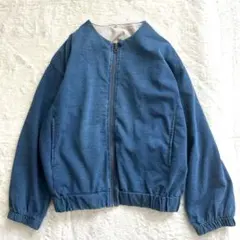 ノーカラージャケット　デニム風　ブルー　スウェット　M