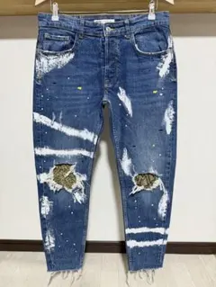 ペイント ZARA MAN ダメージ リペア デニム 42 32 カットオフ