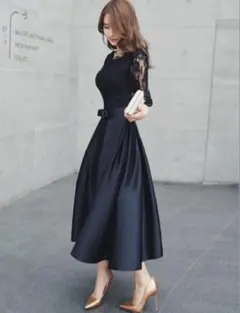 FASHIONFAN ロイヤルレース　サテンエレガンスドレス　ブラック　Lサイズ