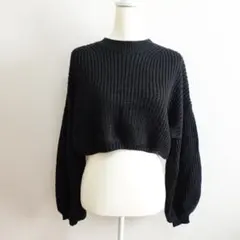 SHEIN クロップド丈 リブニット セーター M 黒 ボリューム袖 ショート丈