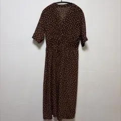 Vis ドット柄 Vネック 半袖 ロングワンピース ブラウンのサムネイル