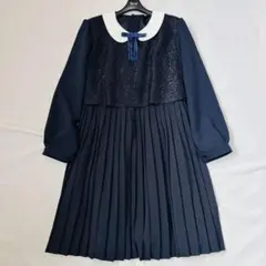 極美品 お受験 白襟 プリーツ ワンピース 紺 165 卒服