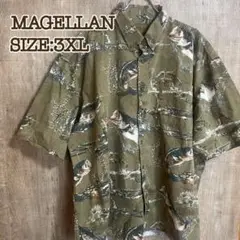 MAGELLAN マゼラン 半袖BDフィッシングシャツ カーキ×バス総柄 3XL