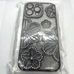 iPhone16promax ケース 可愛い 韓国 透明 きらきら 花柄 黒
