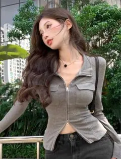 グレー ジップアップ 長袖トップス