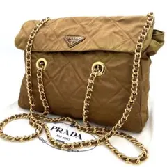 美品✨プラダ チェーンショルダーバッグ 三角キルティング サフィアーノ ブラウン