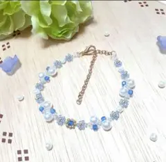 《残り1点》ビーズ編みブレスレット　パールフラワー　ブルー