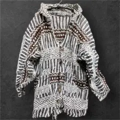 肉厚 カウチンセーター フード付き 幾何学模様 ウール ニットカーディガン