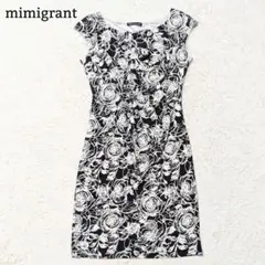 mimigrant フレンチスリーブワンピース 膝下丈 花柄 洗える F 黒 白